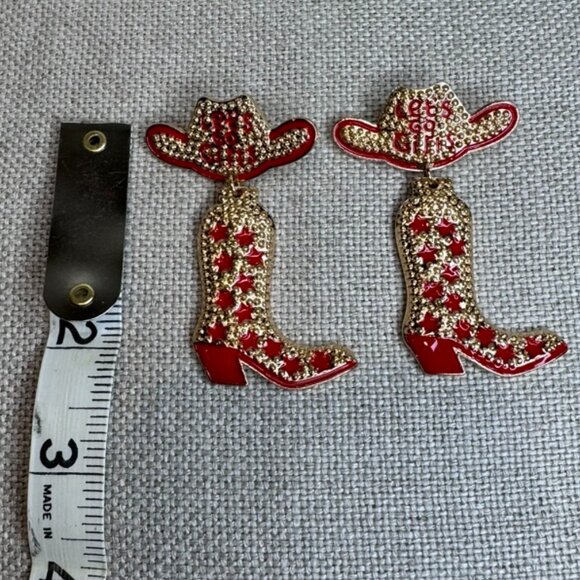 Western "Let's Go Girls" Rhinestone Earrings (Red & Gold, Cowboy, Bachelorette) - Picture 3 of 8